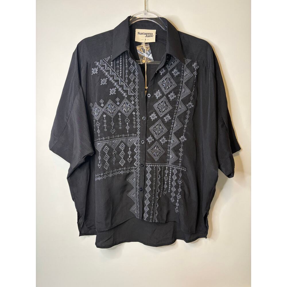 Savanna Jane Button Down Dolman Short Sleeve Western Embroidered Blouse S NEW